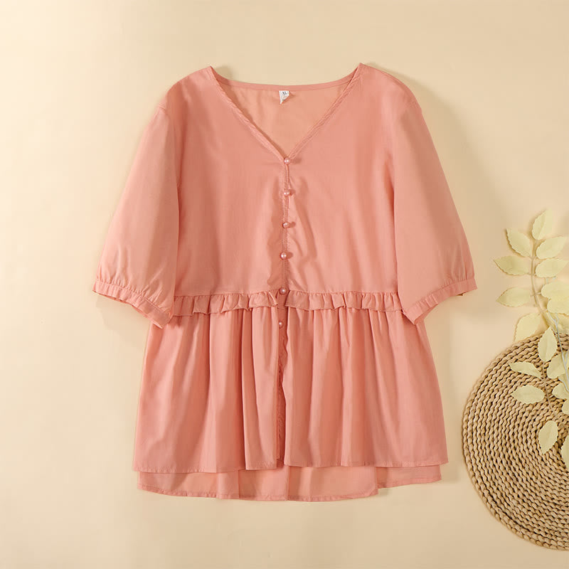 Buddha Stones Camicia da donna a maniche corte con scollo a V, tinta unita, design con bottoni decorativi - Salmone chiaro - US8-10, UK/AU12-14, EU40-42 (2XL) - image 13