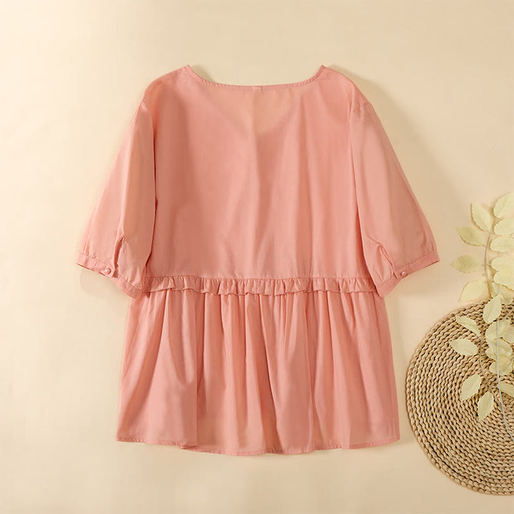 Buddha Stones Camicia da donna a maniche corte con scollo a V, tinta unita, design con bottoni decorativi - image 14