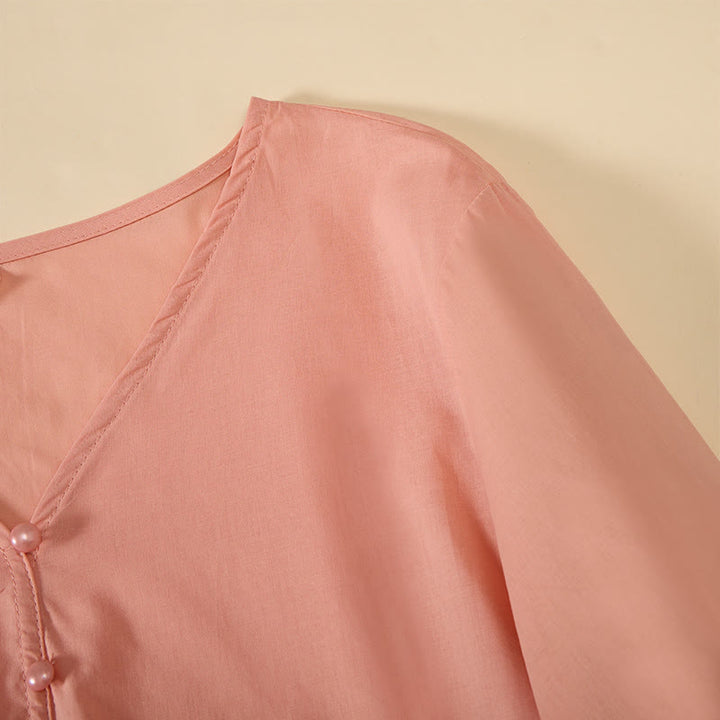 Buddha Stones Camicia da donna a maniche corte con scollo a V, tinta unita, design con bottoni decorativi - image 18