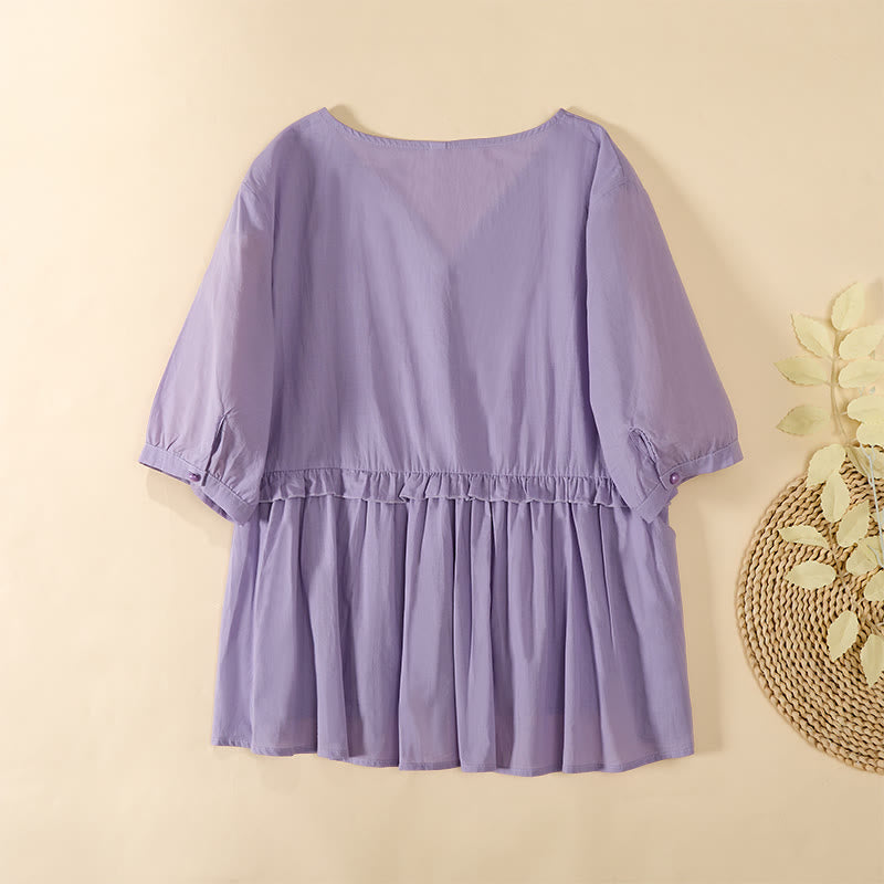 Buddha Stones Camicia da donna a maniche corte con scollo a V, tinta unita, design con bottoni decorativi - image 21