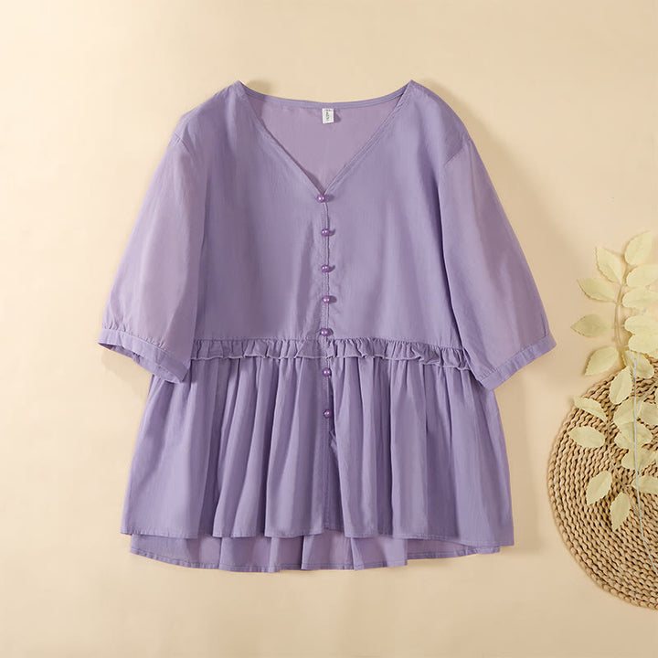 Buddha Stones Camicia da donna a maniche corte con scollo a V, tinta unita, design con bottoni decorativi - Prugna - US8-10, UK/AU12-14, EU40-42 (2XL) - image 20