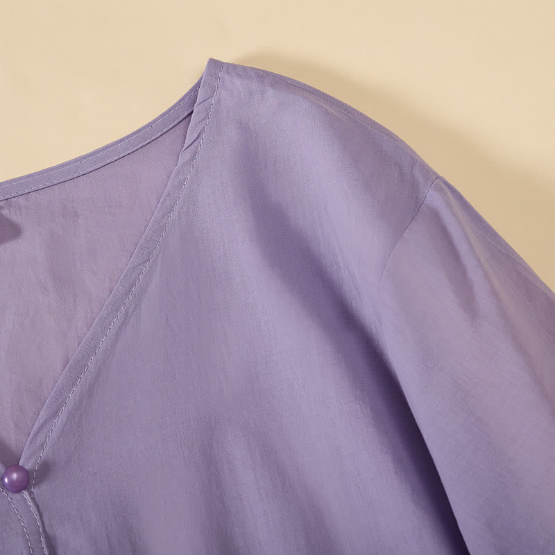 Buddha Stones Camicia da donna a maniche corte con scollo a V, tinta unita, design con bottoni decorativi - image 24