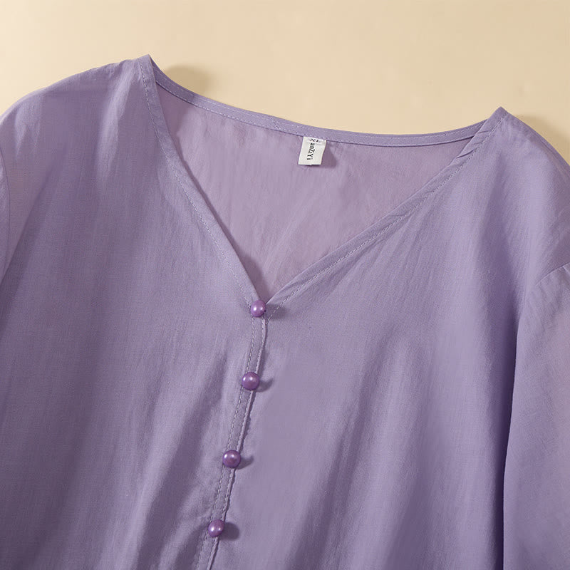 Buddha Stones Camicia da donna a maniche corte con scollo a V, tinta unita, design con bottoni decorativi - image 23