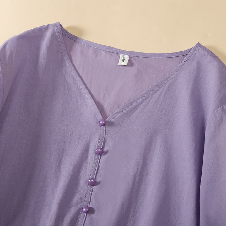 Buddha Stones Camicia da donna a maniche corte con scollo a V, tinta unita, design con bottoni decorativi - image 23