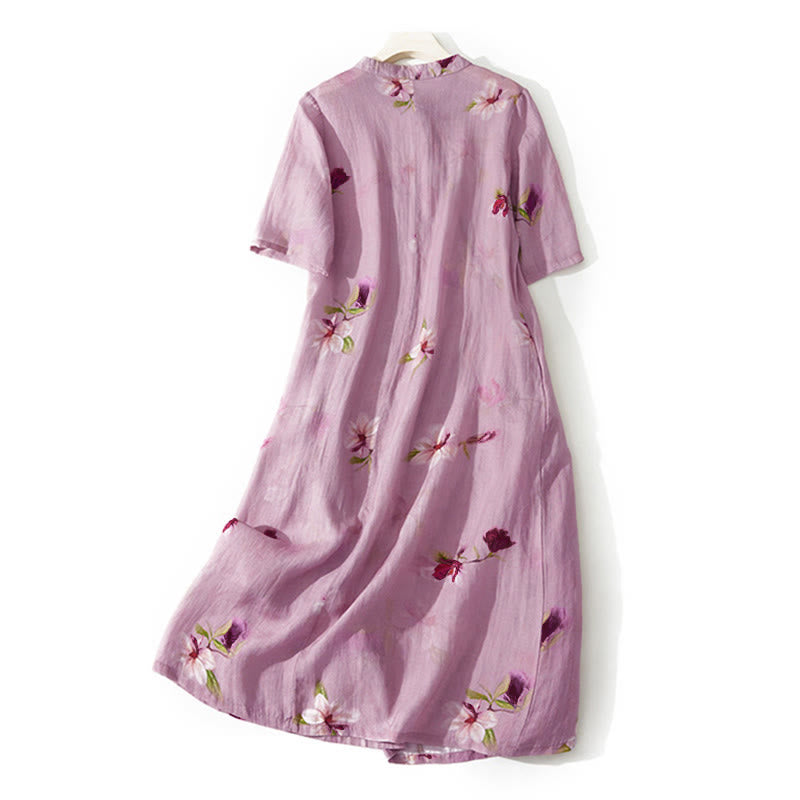Buddha Stones Abito midi a maniche corte con colletto rialzato e tasche, motivo floreale Summer Orchid - image 1