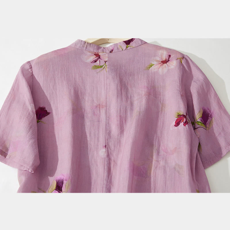 Buddha Stones Abito midi a maniche corte con colletto rialzato e tasche, motivo floreale Summer Orchid - image 8