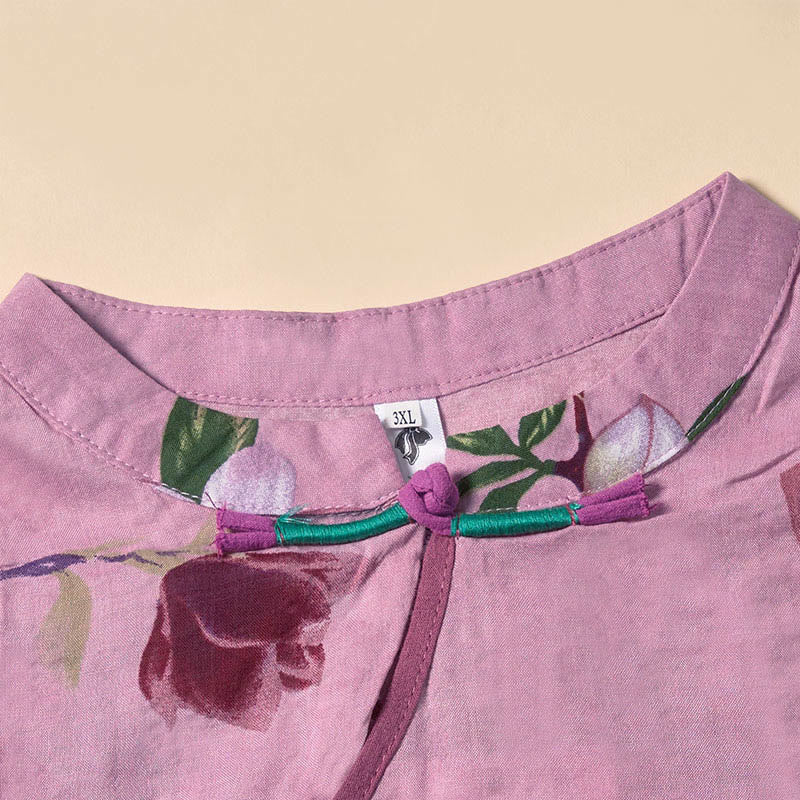 Buddha Stones Abito midi a maniche corte con colletto rialzato e tasche, motivo floreale Summer Orchid - image 2