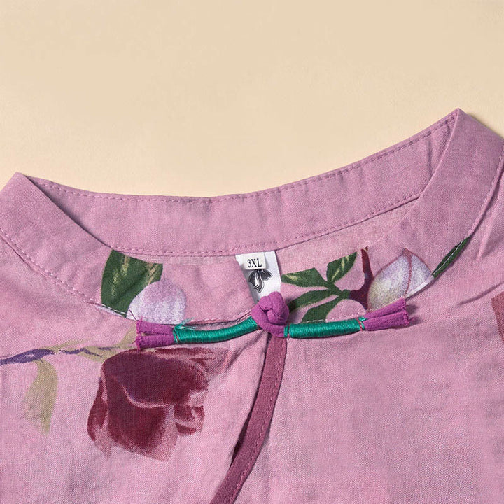 Buddha Stones Abito midi a maniche corte con colletto rialzato e tasche, motivo floreale Summer Orchid - image 2