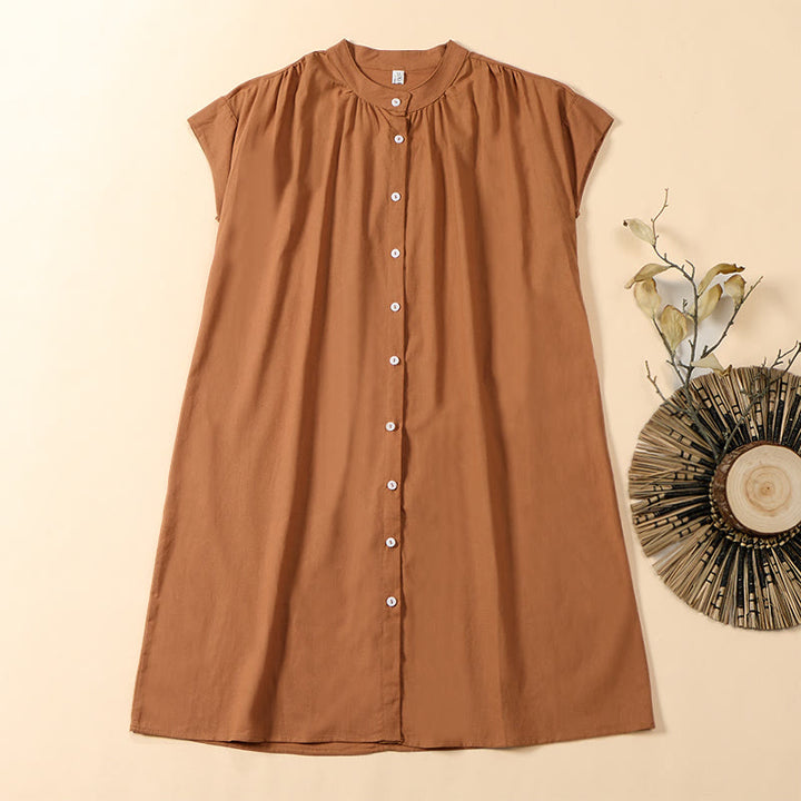 Buddha Stones Abito midi estivo a maniche corte con colletto rialzato e design a trapezio - SandyBrown - US12, UK/AU16, EU44 (2XL) - image 0