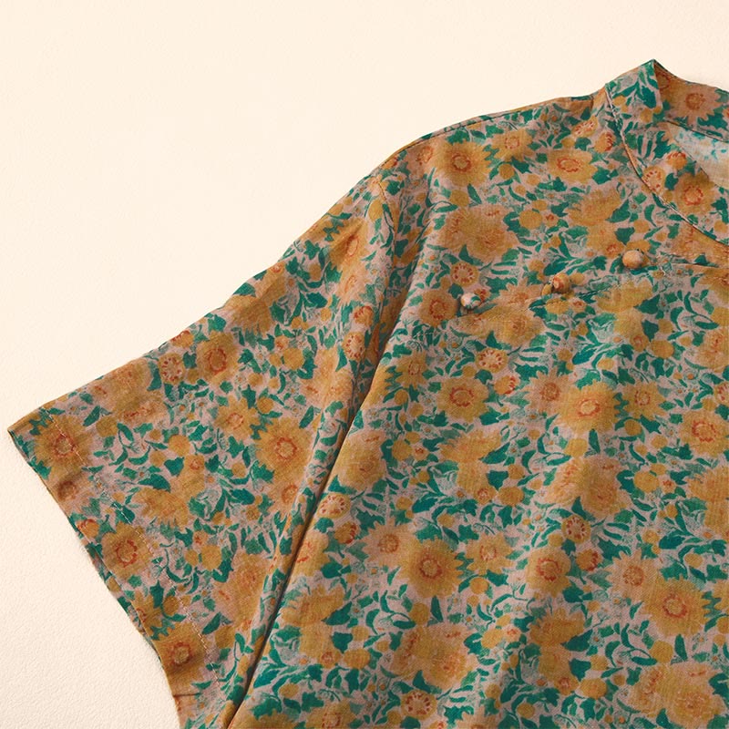 Buddha Stones Camicia da donna in cotone con colletto rialzato, manica corta, motivo floreale, estiva, con bottoni a rana - image 1