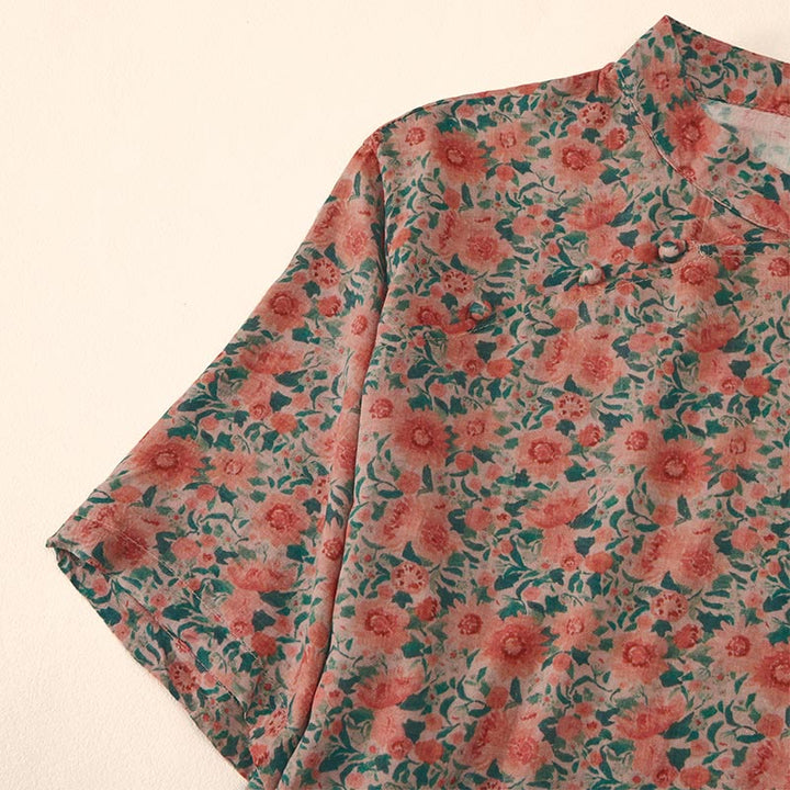 Buddha Stones Camicia da donna in cotone con colletto rialzato, manica corta, motivo floreale, estiva, con bottoni a rana - image 11