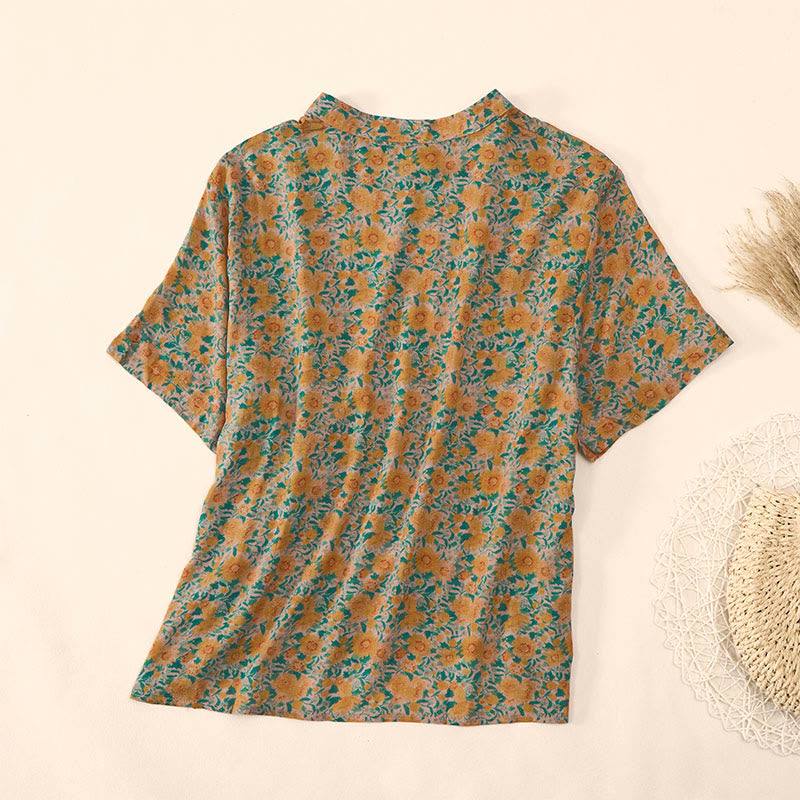 Buddha Stones Camicia da donna in cotone con colletto rialzato, manica corta, motivo floreale, estiva, con bottoni a rana - image 3