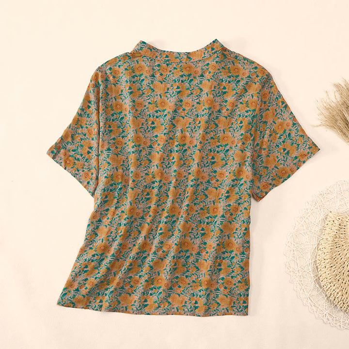 Buddha Stones Camicia da donna in cotone con colletto rialzato, manica corta, motivo floreale, estiva, con bottoni a rana - image 3