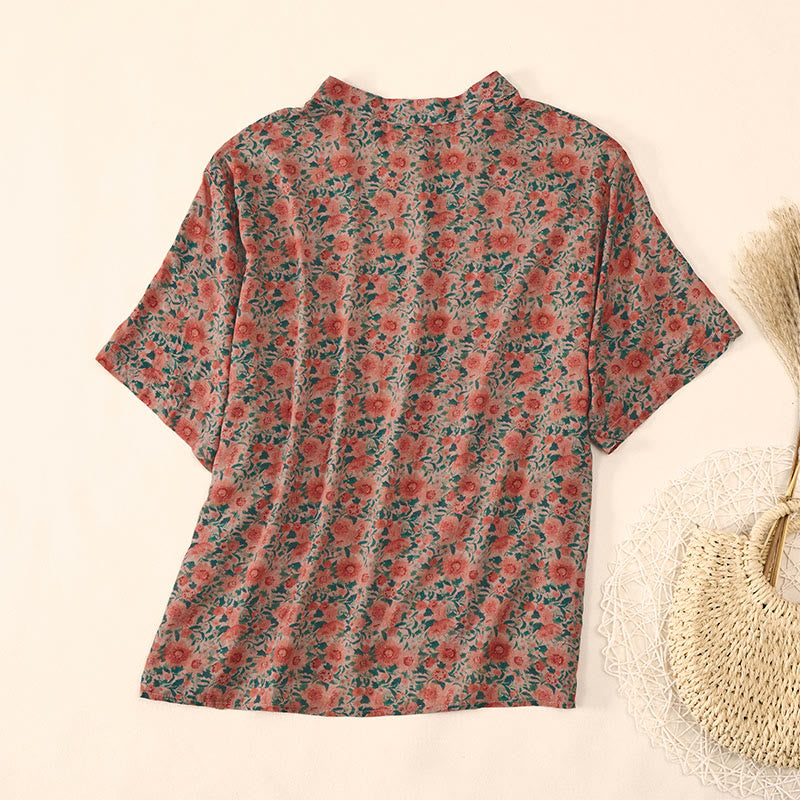 Buddha Stones Camicia da donna in cotone con colletto rialzato, manica corta, motivo floreale, estiva, con bottoni a rana - image 9