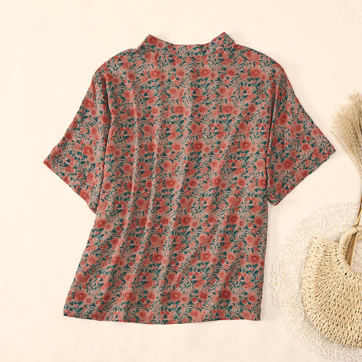Buddha Stones Camicia da donna in cotone con colletto rialzato, manica corta, motivo floreale, estiva, con bottoni a rana - image 9