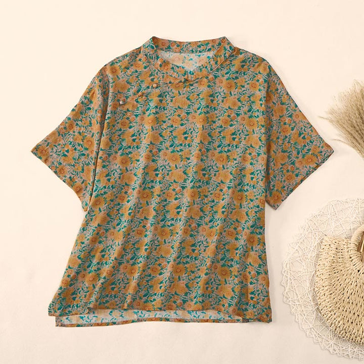 Buddha Stones Camicia da donna in cotone con colletto rialzato, manica corta, motivo floreale, estiva, con bottoni a rana - Verga d'oro - US12, UK/AU16, EU44 (2XL) - image 0