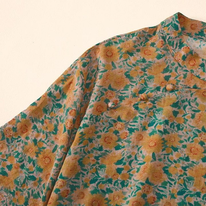 Buddha Stones Camicia da donna in cotone con colletto rialzato, manica corta, motivo floreale, estiva, con bottoni a rana - image 4