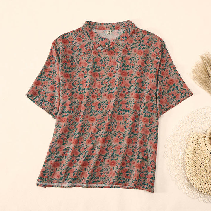 Buddha Stones Camicia da donna in cotone con colletto rialzato, manica corta, motivo floreale, estiva, con bottoni a rana - Pomodoro - US12, UK/AU16, EU44 (2XL) - image 6