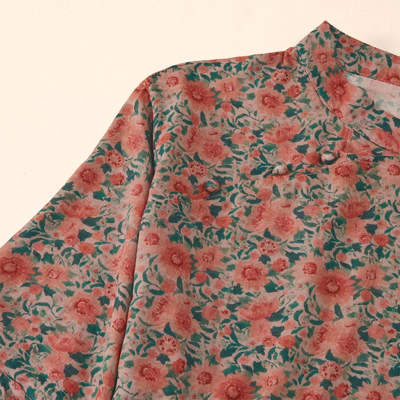 Buddha Stones Camicia da donna in cotone con colletto rialzato, manica corta, motivo floreale, estiva, con bottoni a rana - image 10