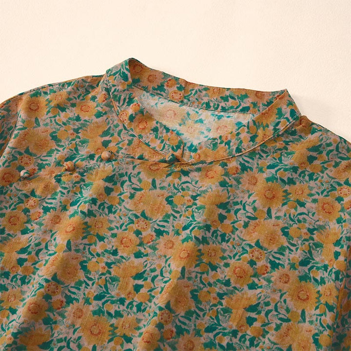 Buddha Stones Camicia da donna in cotone con colletto rialzato, manica corta, motivo floreale, estiva, con bottoni a rana - image 2