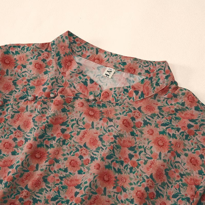 Buddha Stones Camicia da donna in cotone con colletto rialzato, manica corta, motivo floreale, estiva, con bottoni a rana - image 7