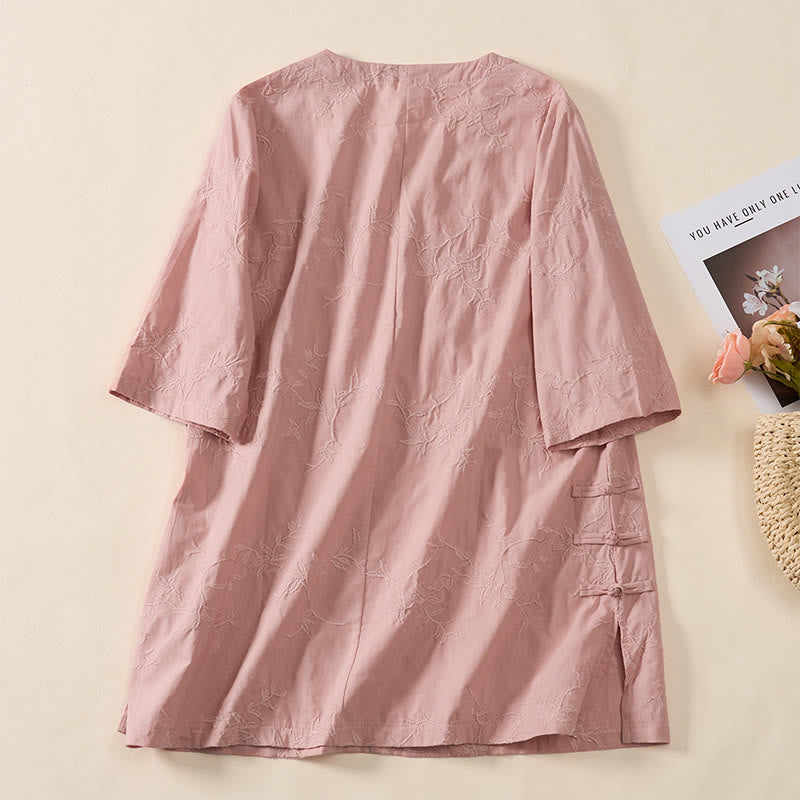 Buddha Stones Camicia da donna in cotone con motivo a foglie, manica lunga e scollo a V primaverile - image 4