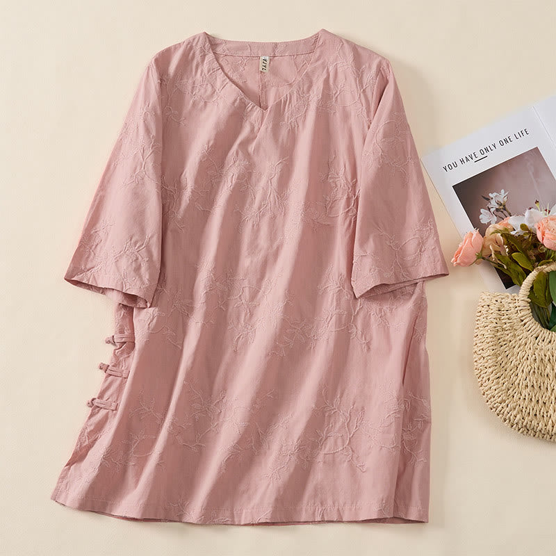 Buddha Stones Camicia da donna in cotone con motivo a foglie, manica lunga e scollo a V primaverile - image 3