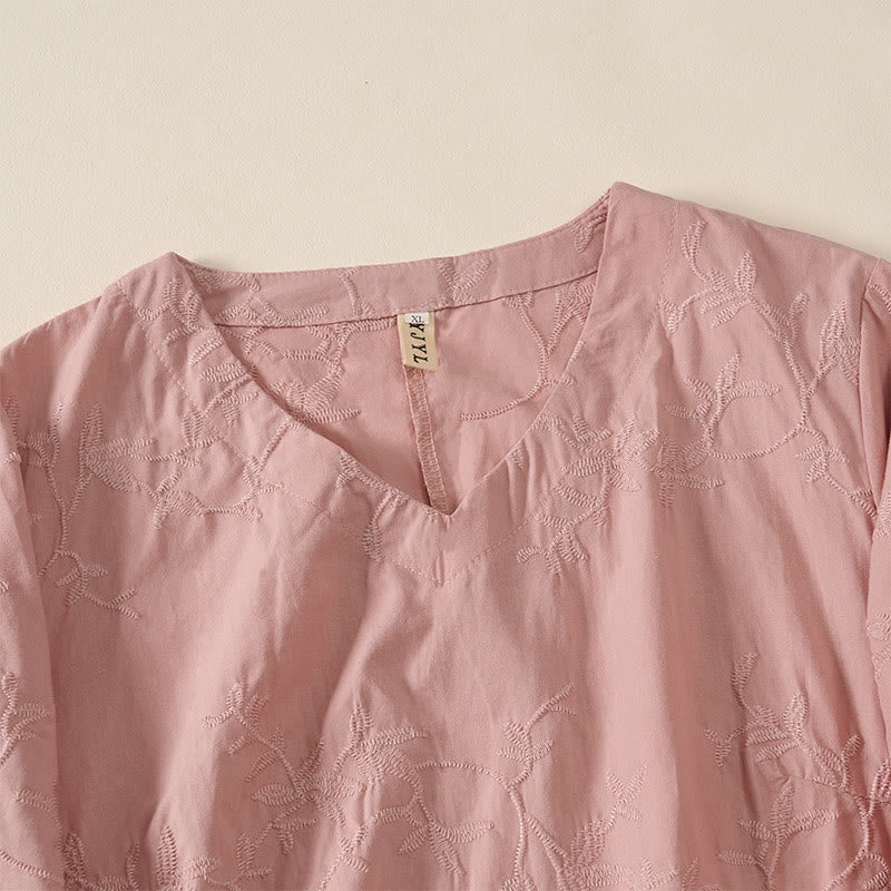 Buddha Stones Camicia da donna in cotone con motivo a foglie, manica lunga e scollo a V primaverile - image 7