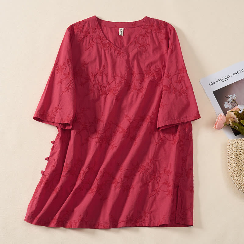 Buddha Stones Camicia da donna in cotone con motivo a foglie, manica lunga e scollo a V primaverile - Rosso - US8-10, UK/AU12-14, EU40-42 (2XL) - image 17