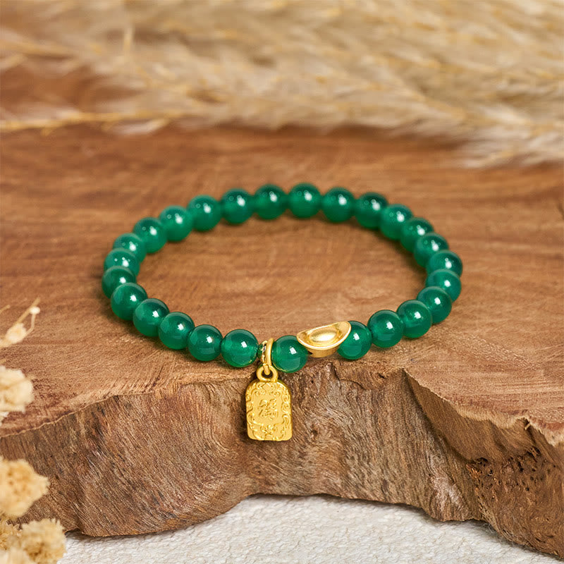 Braccialetto Buddha Stones con lingotto di agata verde e carattere Fu, relax e speranza - Agata verde (circonferenza del polso: 14-15 cm) - image 0