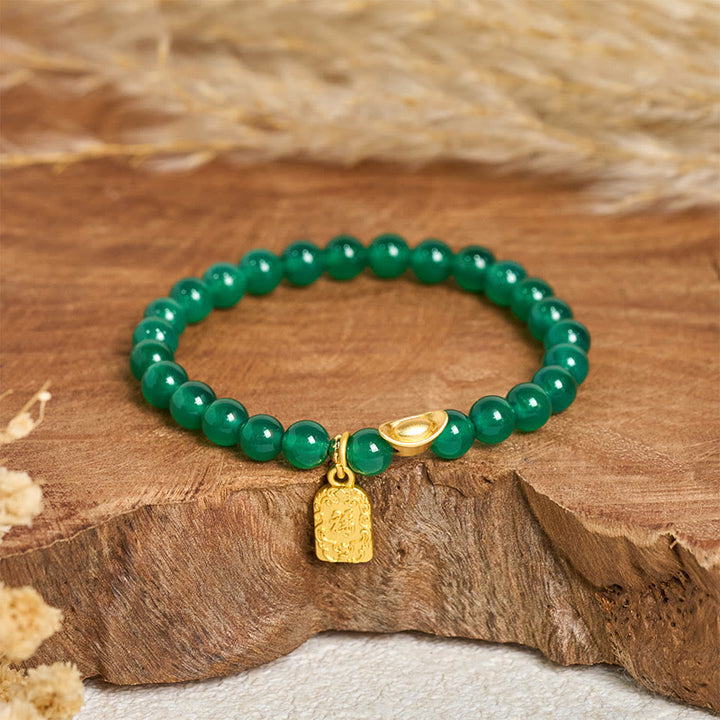 Braccialetto Buddha Stones con lingotto di agata verde e carattere Fu, relax e speranza - Agata verde (circonferenza del polso: 14-15 cm) - image 0
