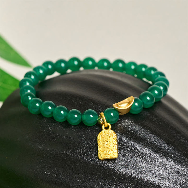 Braccialetto Buddha Stones con lingotto di agata verde e carattere Fu, relax e speranza - image 1