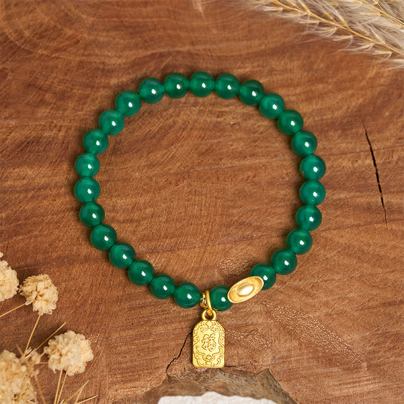 Braccialetto Buddha Stones con lingotto di agata verde e carattere Fu, relax e speranza - image 2