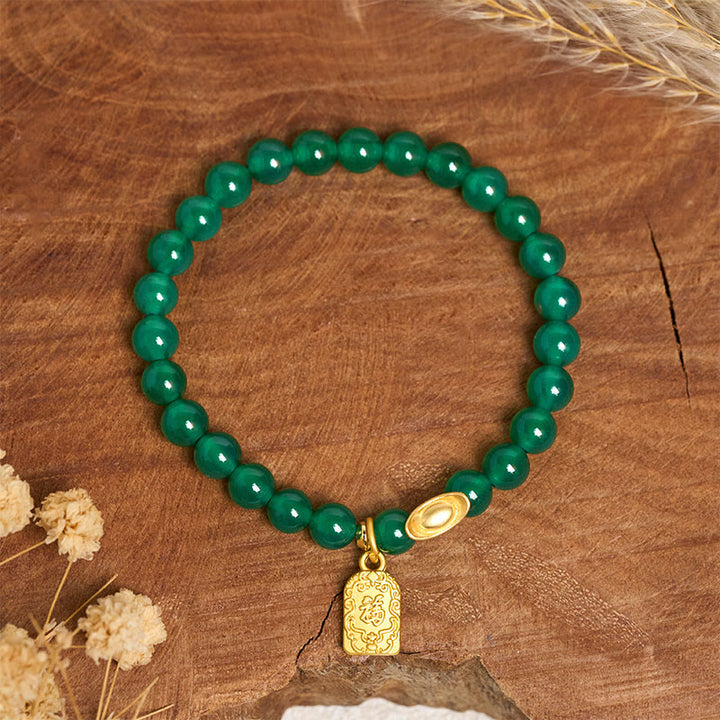 Braccialetto Buddha Stones con lingotto di agata verde e carattere Fu, relax e speranza - image 2
