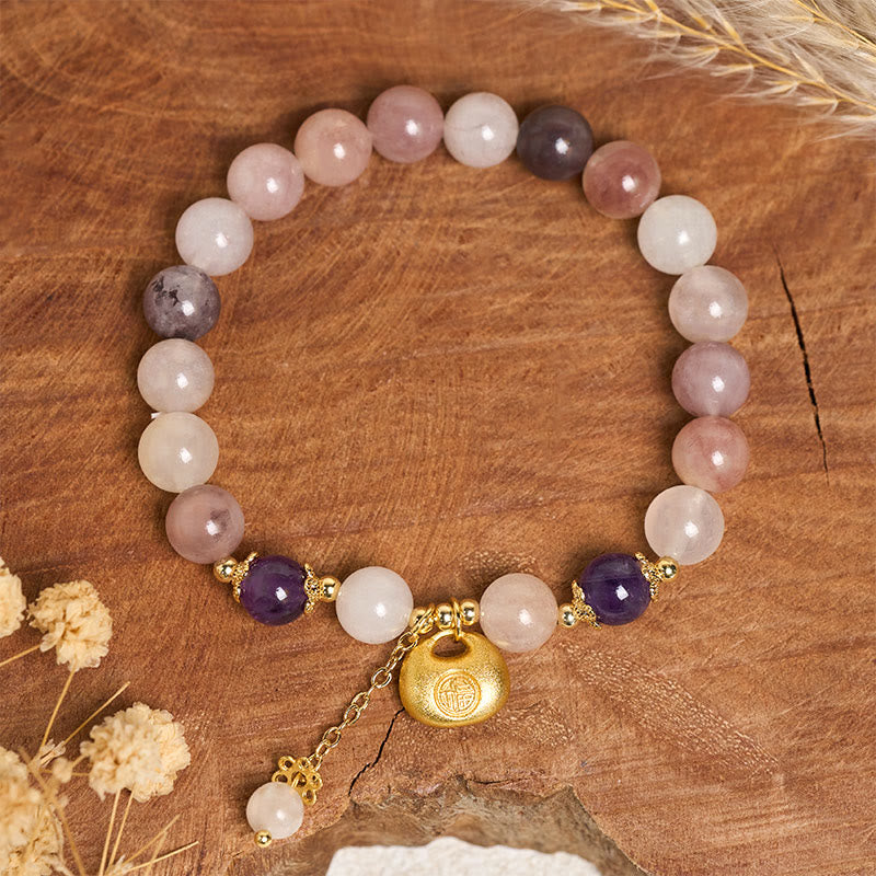 Buddha Stones Braccialetto in giada di seta dorata con carattere Fu e coniglio che allontana gli spiriti maligni - image 2