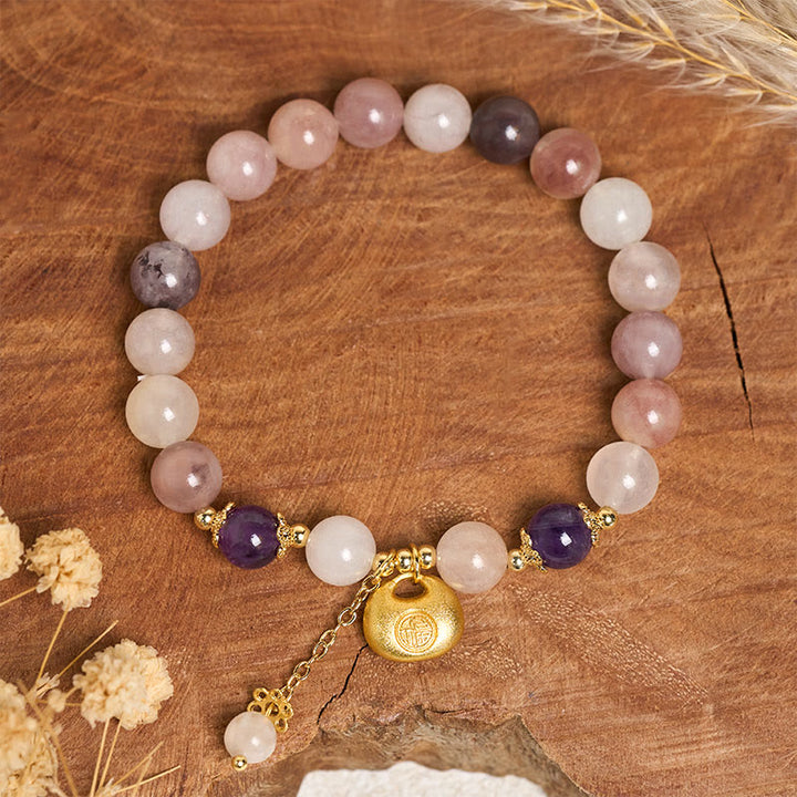 Buddha Stones Braccialetto in giada di seta dorata con carattere Fu e coniglio che allontana gli spiriti maligni - image 2