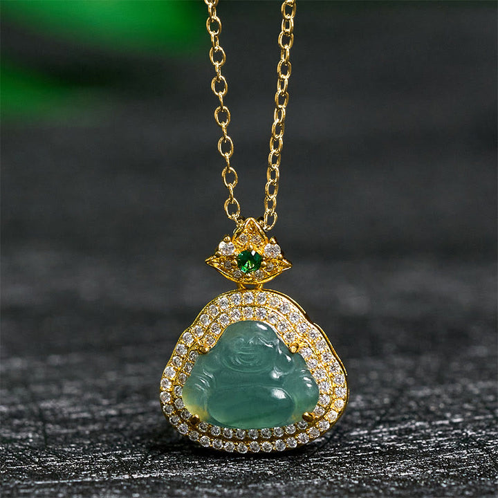 Buddha Stones Collana con ciondolo di giada con Buddha sorridente e portafortuna e prosperità - Buddha di giada che ride - image 0