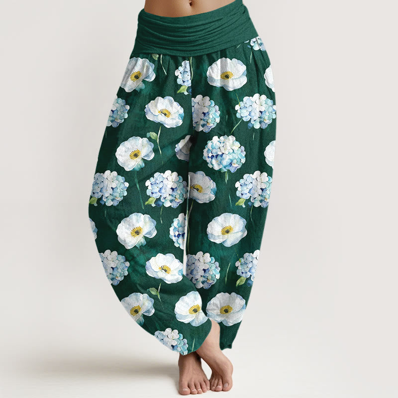 Buddha Stones Pantaloni harem da donna con elastico in vita e motivo floreale in cotone fresco ed elegante - Verde scuro - US16, UK/AU20, EU48 (3XL) - image 0