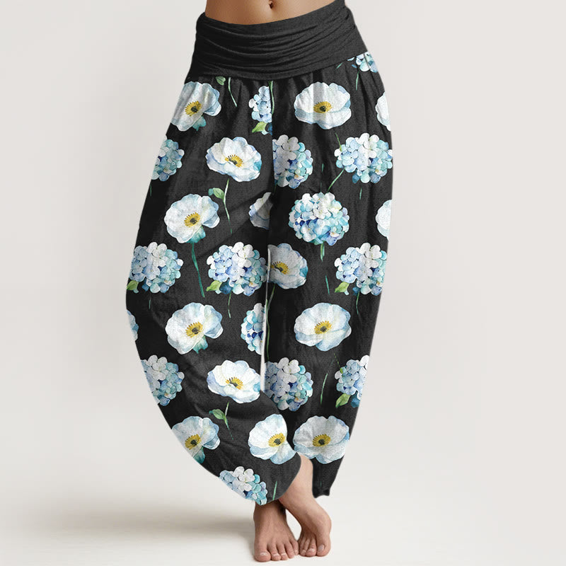 Buddha Stones Pantaloni harem da donna con elastico in vita e motivo floreale in cotone fresco ed elegante - Nero - US16, UK/AU20, EU48 (3XL) - image 5