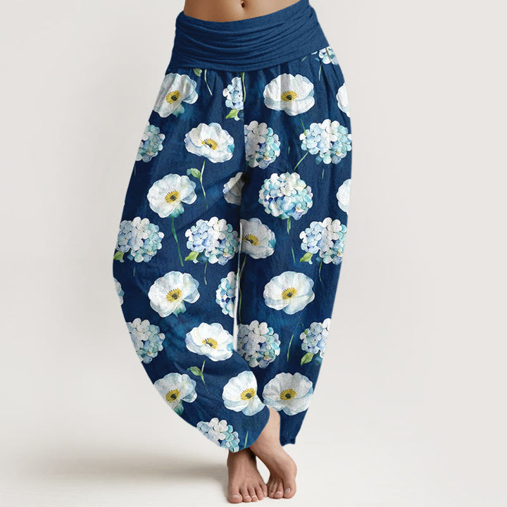 Buddha Stones Pantaloni harem da donna con elastico in vita e motivo floreale in cotone fresco ed elegante - Blu scuro - US16, UK/AU20, EU48 (3XL) - image 8