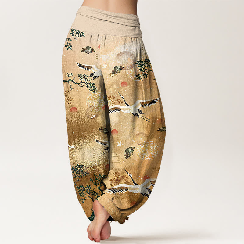 Buddha Stones Pantaloni harem da donna con elastico in vita, in cotone, tradizionali, con gru, pino, uccello, ventaglio, sole - image 1