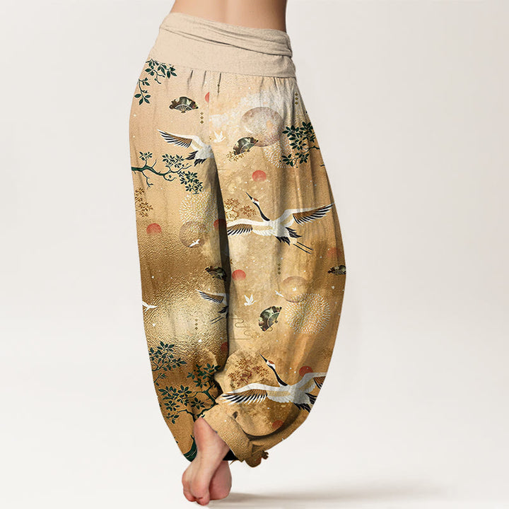 Buddha Stones Pantaloni harem da donna con elastico in vita, in cotone, tradizionali, con gru, pino, uccello, ventaglio, sole - image 1