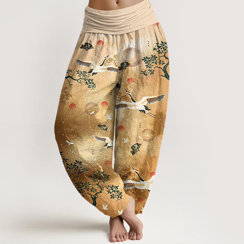 Buddha Stones Pantaloni harem da donna con elastico in vita, in cotone, tradizionali, con gru, pino, uccello, ventaglio, sole - Verga d'oro - US16, UK/AU20, EU48 (3XL) - image 0
