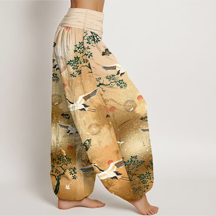 Buddha Stones Pantaloni harem da donna con elastico in vita, in cotone, tradizionali, con gru, pino, uccello, ventaglio, sole - image 2