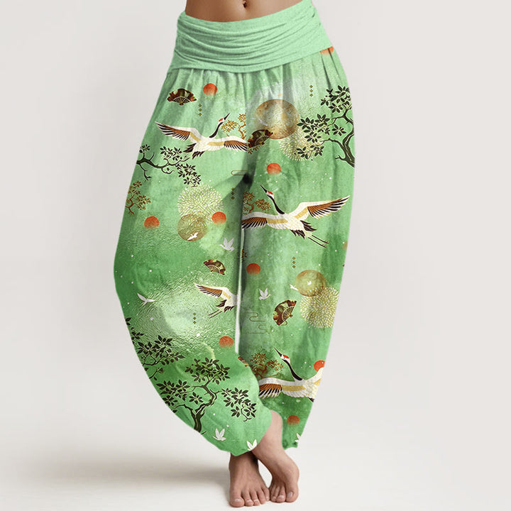 Buddha Stones Pantaloni harem da donna con elastico in vita, in cotone, tradizionali, con gru, pino, uccello, ventaglio, sole - Verde lime - US16, UK/AU20, EU48 (3XL) - image 5