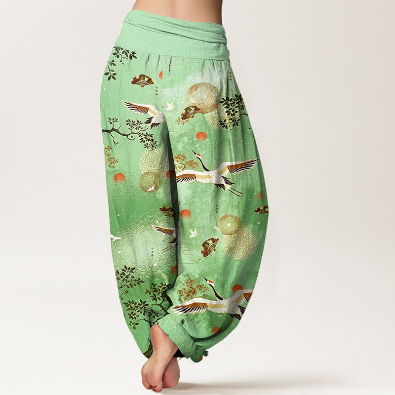 Buddha Stones Pantaloni harem da donna con elastico in vita, in cotone, tradizionali, con gru, pino, uccello, ventaglio, sole - image 6