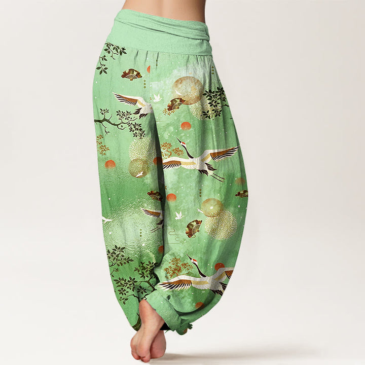 Buddha Stones Pantaloni harem da donna con elastico in vita, in cotone, tradizionali, con gru, pino, uccello, ventaglio, sole - image 6
