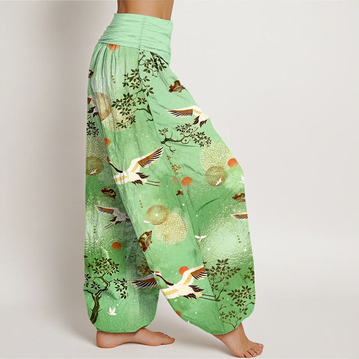 Buddha Stones Pantaloni harem da donna con elastico in vita, in cotone, tradizionali, con gru, pino, uccello, ventaglio, sole - image 7