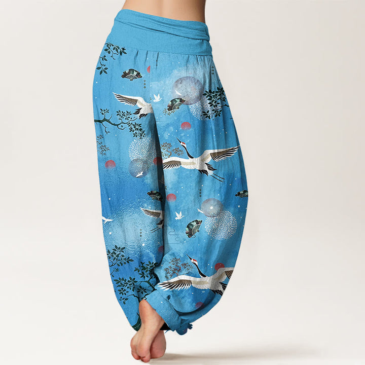 Buddha Stones Pantaloni harem da donna con elastico in vita, in cotone, tradizionali, con gru, pino, uccello, ventaglio, sole - image 9