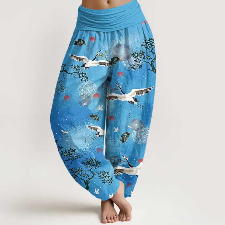 Buddha Stones Pantaloni harem da donna con elastico in vita, in cotone, tradizionali, con gru, pino, uccello, ventaglio, sole - DodgerBlue - US16, UK/AU20, EU48 (3XL) - image 8